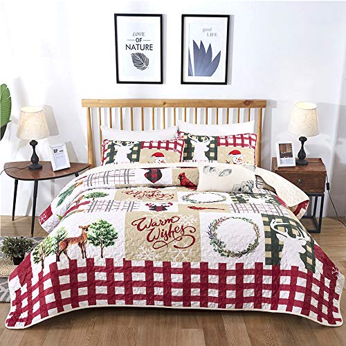  Christmas Quilt Set Twin Rustic Christmas Santa Tree Snowman Pattern Printed Bedding Solid Quilted Bedspread Coverlet With 1 Pillow Shams For All Seasons, Soft Microfiber Quilt 68x86 Inches