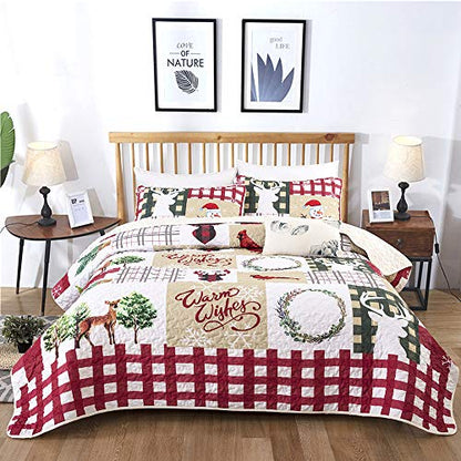  Christmas Quilt Set Twin Rustic Christmas Santa Tree Snowman Pattern Printed Bedding Solid Quilted Bedspread Coverlet With 1 Pillow Shams For All Seasons, Soft Microfiber Quilt 68x86 Inches