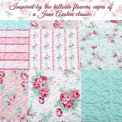  Cozy Line 4 Piece Daybed Cover Set - Pink Garden Bloom Floral Blue Rose Spring Reversible All Season Luxury Bedding With Bedskirt, Pillow Shams