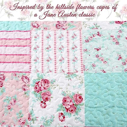  Cozy Line 4 Piece Daybed Cover Set - Pink Garden Bloom Floral Blue Rose Spring Reversible All Season Luxury Bedding With Bedskirt, Pillow Shams