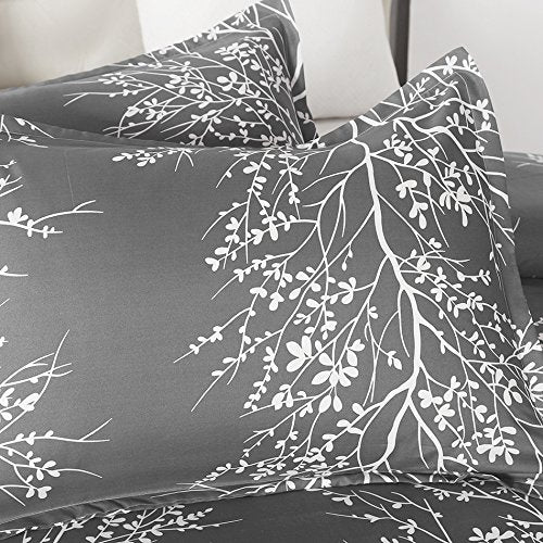  Lightweight Microfiber Duvet Cover Set, Grey And White Floral Branches Printed Pattern - King Size 3-Piece Set (1 Duvet Cover 2 Pillowcases)