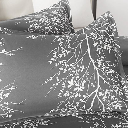  Lightweight Microfiber Duvet Cover Set, Grey And White Floral Branches Printed Pattern - King Size 3-Piece Set (1 Duvet Cover 2 Pillowcases)