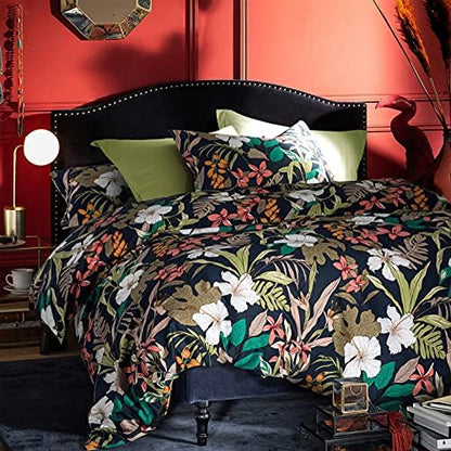  Eikei Midnight Blue Botanical Print Duvet Quilt Cover Egyptian Cotton Bedding Set Modern Luxury Minimal Palm Leaf Dark Charcoal Navy Ocher Floral Watercolor Design 120x98 (Mustard Yellow, Super King)