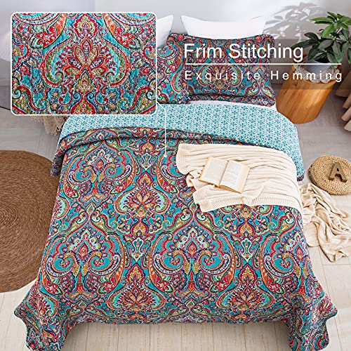  Cotton Quilt Set King Size,3 Pieces Reversible Bedspread Patchwork Bedding Set Teal Blue Floral Covetlet With 2 Pillow Cases For All Season King (94"×106")