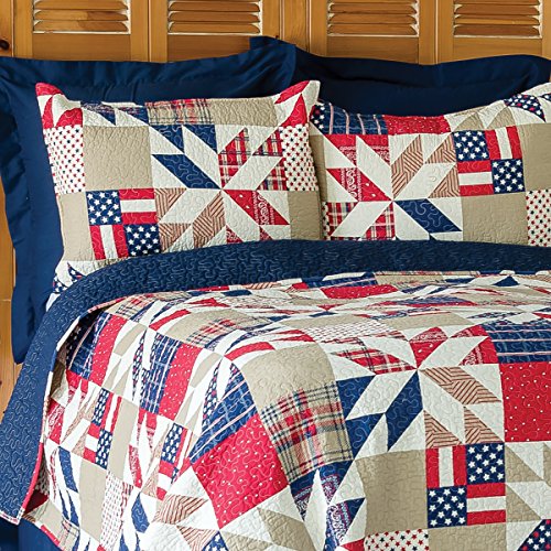  C&F Home Levi Red White & Blue Cotton 3 Piece King Quilt Set Patriotic American Flag Machine Washable Bedspread Coverlet King 3 Piece Set Red