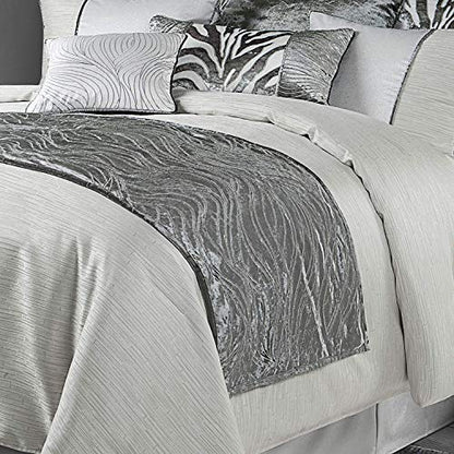  HiEnd Accents Celeste Silver Velvet Modern Glam Bed Runner Scarf, Wave Embroidery