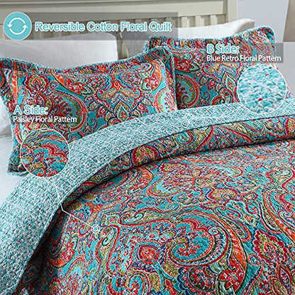  Cotton Quilt Set King Size,3 Pieces Reversible Bedspread Patchwork Bedding Set Teal Blue Floral Covetlet With 2 Pillow Cases For All Season King (94"×106")
