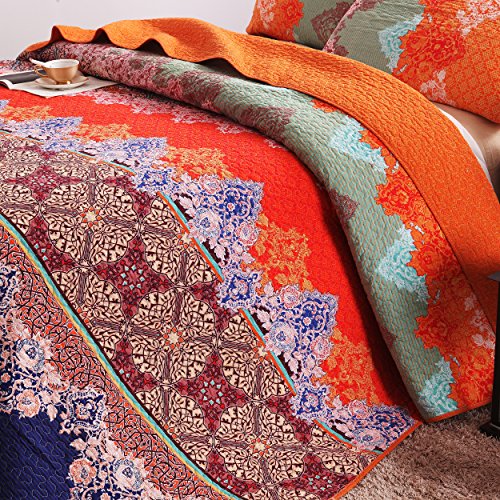 Exclusivo Mezcla Cotton Boho King Size Quilt Set, Soft Reversible Bohemian Bedspreads Lightweight Bedding Set Bed Cover For All Seasons, 3 Piece (1 Quilt, 2 Pillow Shams)