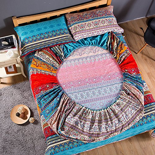  Brushed Cotton Bohemian Duvet Cover And Fitted Sheet Sets Queen Size 4 Pieces, Bohemia Exotic Striped Bedding Sets, Boho Comforter Cover Sets,NO Comforter (Fitted Sheet Sets, Queen)